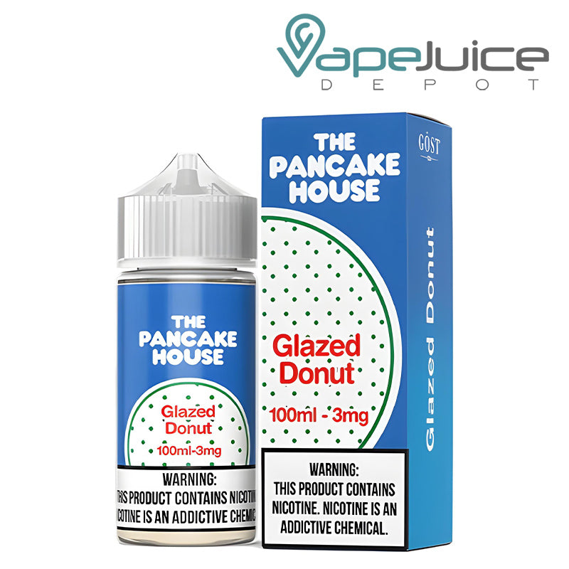 A 100ml bottle of Glazed Donut The Pancake House and a box with a warning sign next to it - Vape Juice Depot