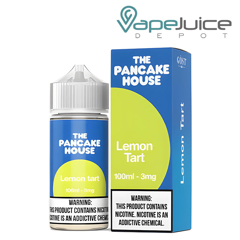 A 100ml bottle of Lemon Tart The Pancake House and a box with a warning sign next to it - Vape Juice Depot