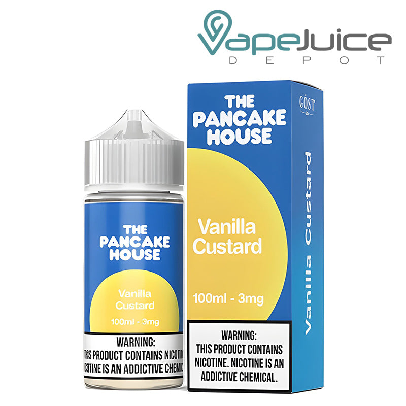 A 100ml bottle of Vanilla Custard The Pancake House and a box with a warning sign next to it - Vape Juice Depot