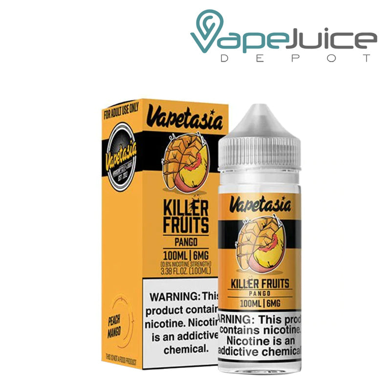 A box of Pango Vapetasia eLiquid and a 100ml bottle with a warning sign next to it - Vape Juice Depot