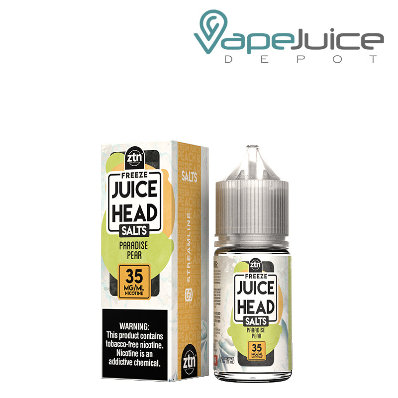 A box of 35mg Paradise Pear ZTN Salts Juice Head Freeze with a warning sign and a 30ml bottle next to it - Vape Juice Depot