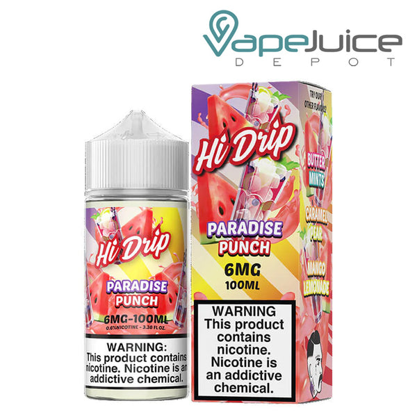 A 100ml bottle of Paradise Punch Hi-Drip eLiquid and a box with a warning sign next to it - Vape Juice Depot