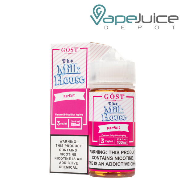 A box of Parfait The Milk House with a warning sign and a 100ml bottle next to it - Vape Juice Depot