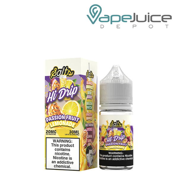 A box of Passion Fruit Lemonade Hi Drip Salts with a warning sign and a 30ml bottle next to it - Vape Juice Depot