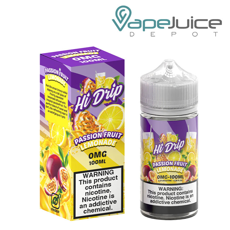 A Box of 0mg Passion Fruit Lemonade Hi Drip eLiquid with a warning sign and a 100ml bottle next to it - Vape Juice Depot