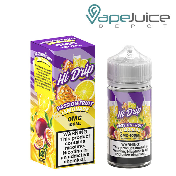 A Box of Passion Fruit Lemonade Hi Drip eLiquid with a warning sign and a 100ml bottle next to it - Vape Juice Depot