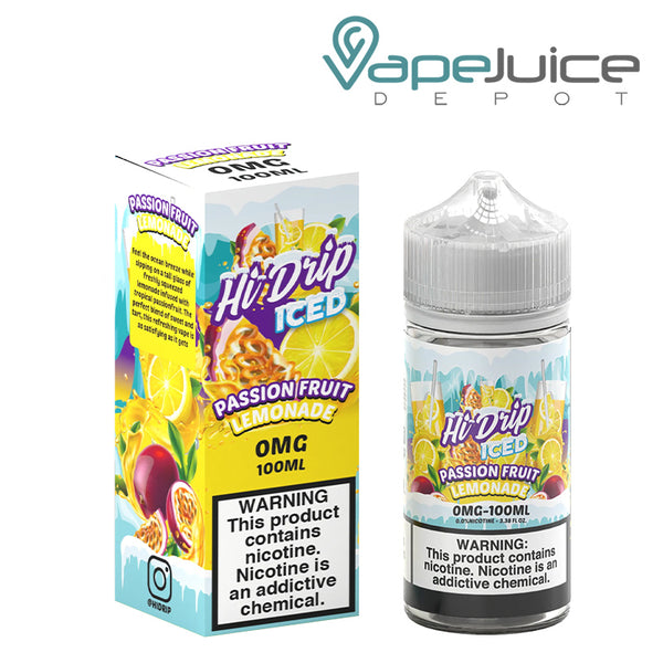A Box of Passion Fruit Lemonade Iced Hi Drip eLiquid with a warning sign and a 100ml bottle with a warning sign next to it - Vape Juice Depot