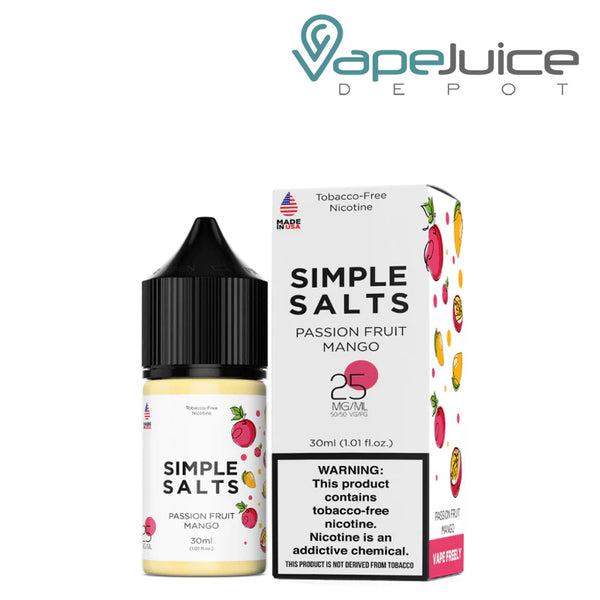 A 30ml bottle of Passion Fruit Mango Simple Salts TFN and a box with a warning sign next to it - Vape Juice Depot