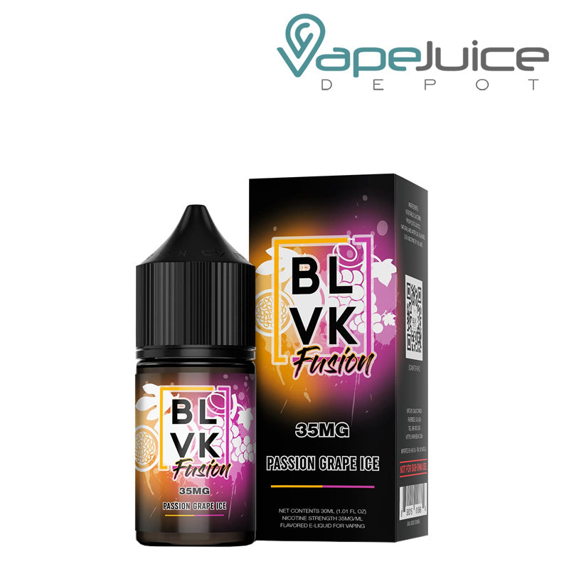 A 30ml bottle of Passion Grape Ice BLVK Fusion Salt and a box next to it - Vape Juice Depot