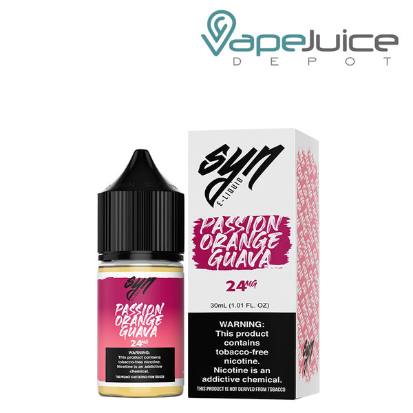 A 30ml bottle of Passion Orange Guava Syn Salt with a warning sign and a box next to it - Vape Juice Depot