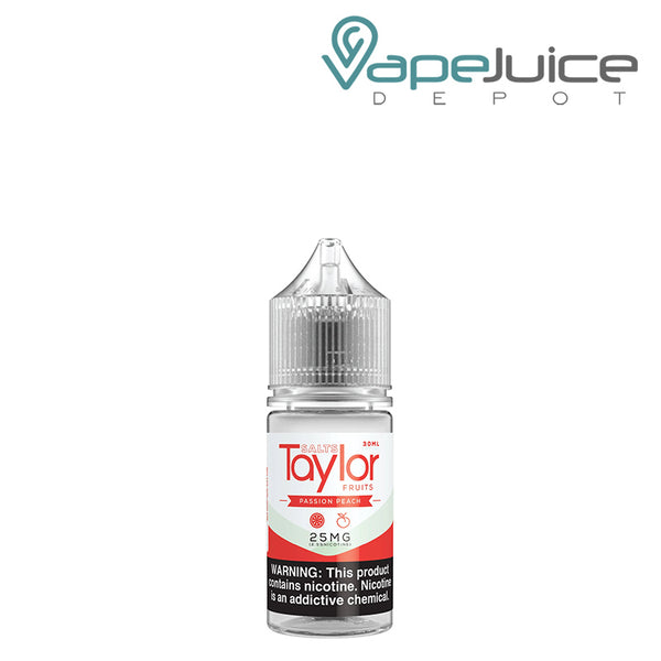 A 30ml bottle of Passion Peach Taylor Salts with a warning sign - Vape Juice Depot