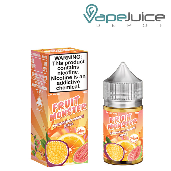 A box of Passionfruit Orange Guava Fruit Monster Salts with a warning sign and a 30ml bottle next to it - Vape Juice Depot