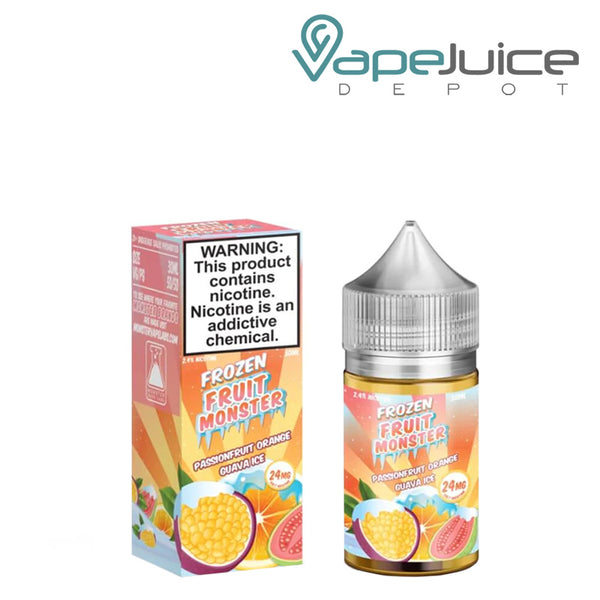 A box of Passionfruit Orange Guava Ice Frozen Fruit Monster Salt with a warning sign and a 30ml bottle next to it - Vape Juice Depot