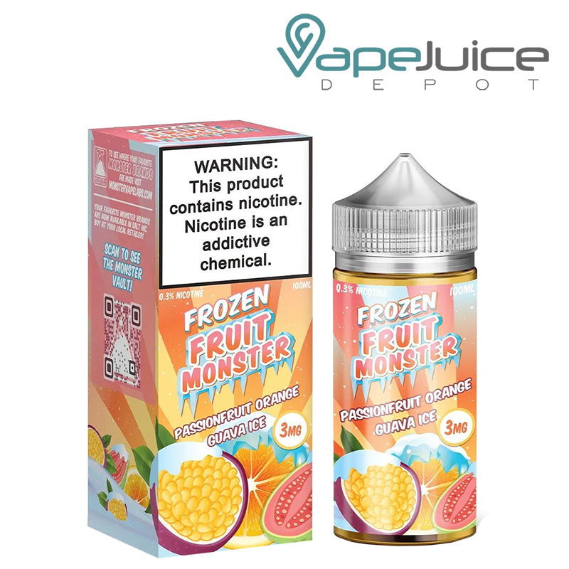 A box of Passionfruit Orange Guava Ice Fruit Monster with a warning sign and a 100ml bottle next to it - Vape Juice Depot