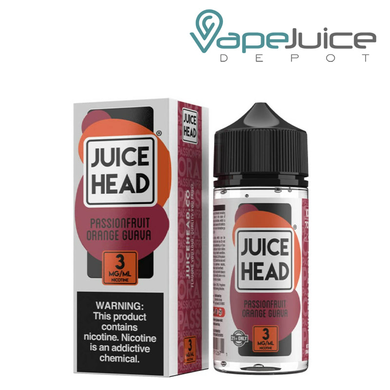 A box of Passionfruit Orange Guava Juice Head eLiquid with a warning sign and a 100ml bottle next to it - Vape Juice Depot