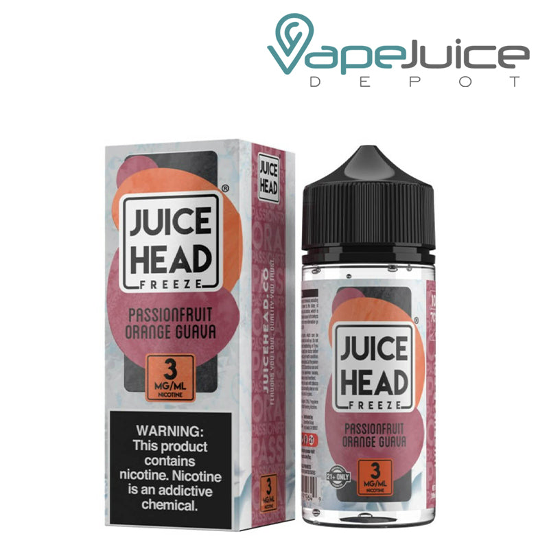 A Box of Passionfruit Orange Guava Juice Head Freeze with a warning sign next to a 100ml Bottle - Vape Juice Depot