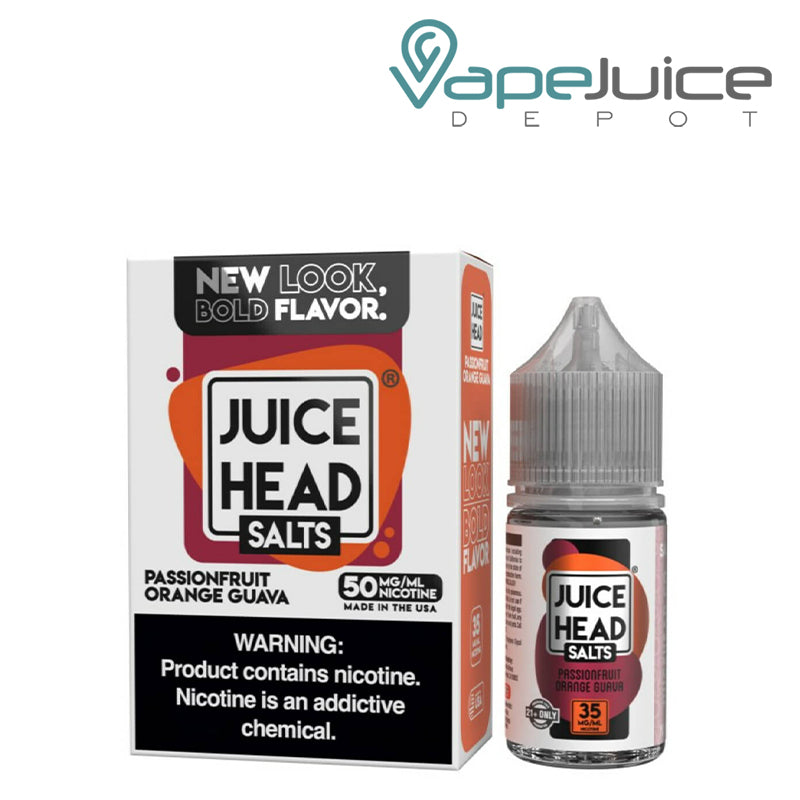 A Box of Passionfruit Orange Guava Salts Juice Head with a warning sign next to a 30ml bottle - Vape Juice Depot