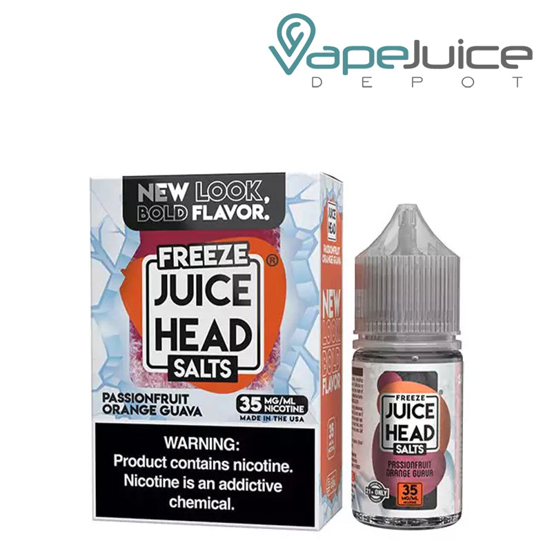 A box of 35mg Passionfruit Orange Guava Salts Juice Head Freeze 30ml with a warning sign and a 30ml bottle next to it - Vape Juice Depot