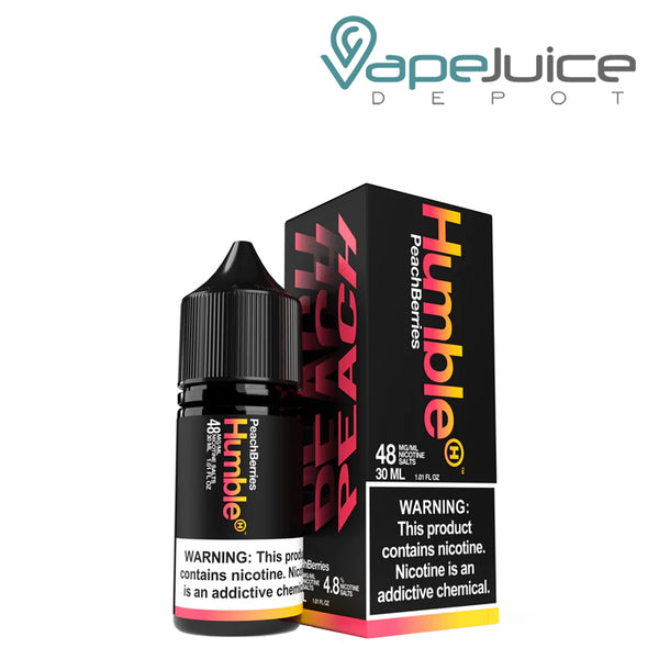 A 30ml bottle of Peach Berries (Peach Pleasure) TFN Salts Humble with a warning sign and a box next to it - Vape Juice Depot