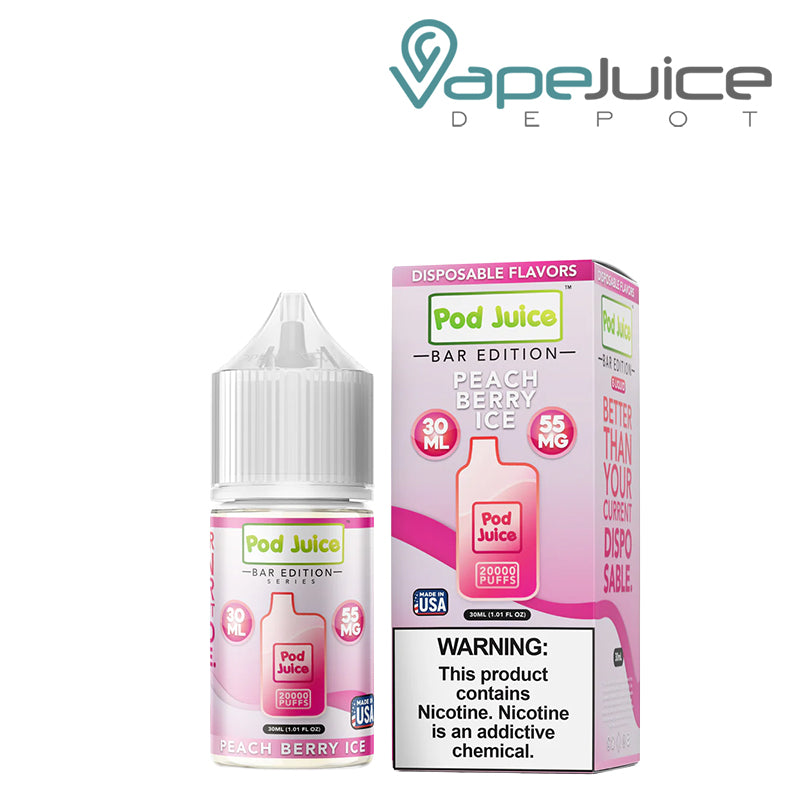 A 30ml bottle of Peach Berry Ice Pod Juice Bar Edition Salt and a box with a warning sign next to it - Vape Juice Depot