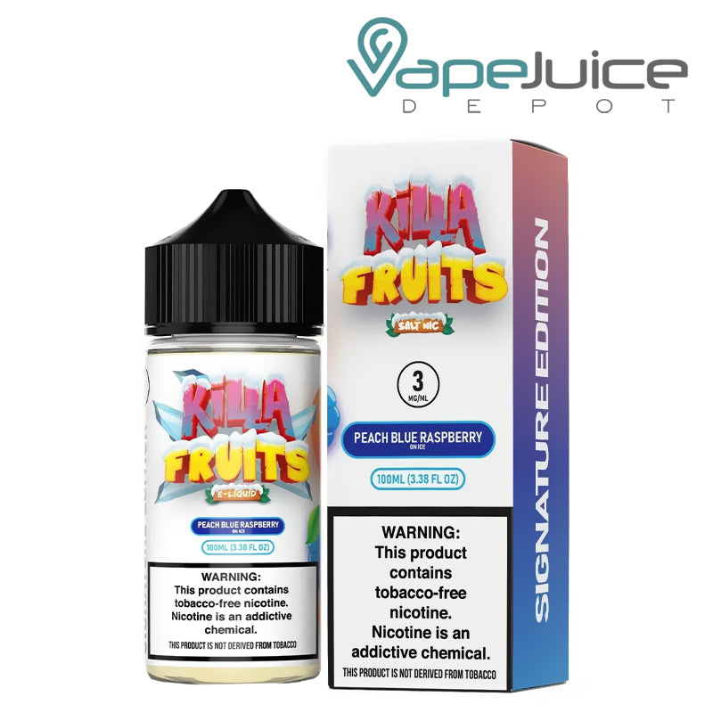 A 100ml bottle of Peach Blue Raspberry On Ice Killa Fruits Signature TFN Series and a box with a warning sign next to it - Vape Juice Depot