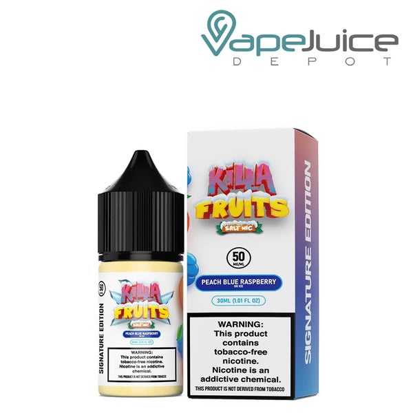 A 30ml bottle of Peach Blue Raspberry On Ice Killa Fruits Signature TFN Salt and a box with a warning sign next to it - Vape Juice Depot