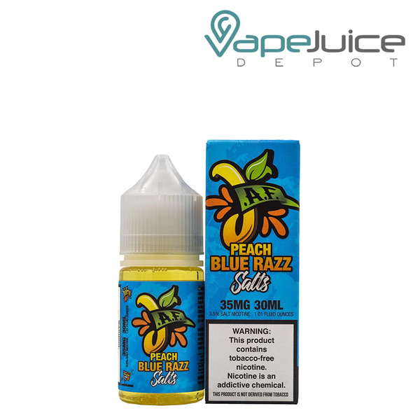 A 30ml bottle of Peach Blue Razz Juicy AF TFN Salt and a box with a warning sign next to it - Vape Juice Depot