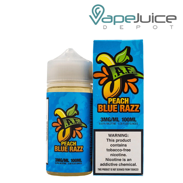 A 100ml bottle of Peach Blue Razz Juicy AF TFN eLiquid and a box with a warning sign next to it - Vape Juice Depot