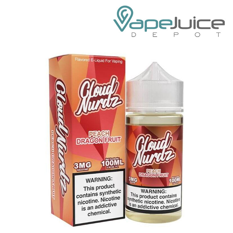 A box of Peach Dragonfruit TFN Cloud Nurdz with a warning sign and a 100ml bottle next to it - Vape Juice Depot
