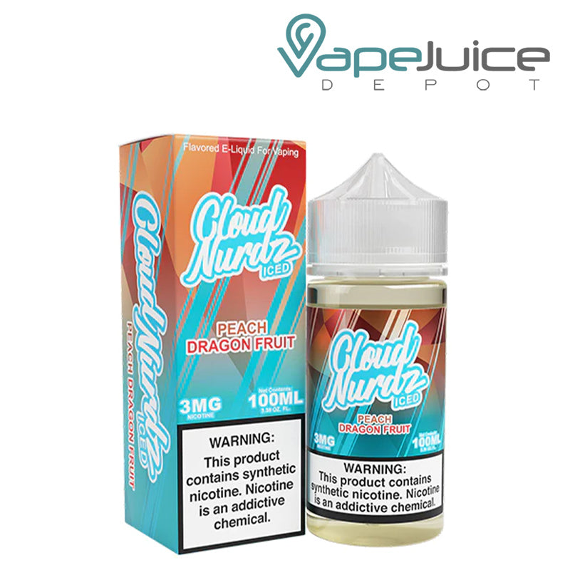 A box of Peach Dragonfruit Iced TFN Cloud Nurdz with a warning sign and a 100ml bottle next to it - Vape Juice Depot