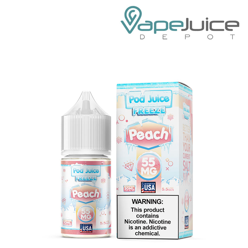 A 30ml bottle of Peach Freeze Pod Juice TFN Salt and a box with a warning sign next to it - Vape Juice Depot