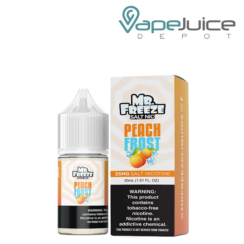A 30ml bottle of Peach Frost Mr Freeze Salt Nic and a box with a warning sign next to it - Vape Juice Depot