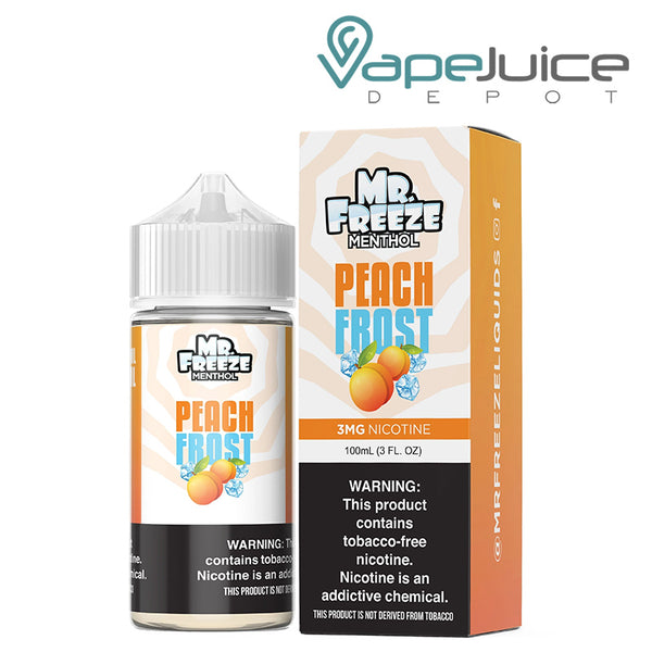 A 100ml bottle of Peach Frost Mr Freeze eLiquid and a box with a warning sign next to it - Vape Juice Depot