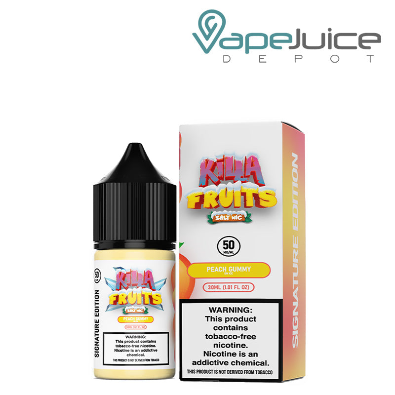 A 30ml bottle of Peach Gummy On Ice Killa Fruits Signature TFN Salt with a warning sign and a box with a warning sign next to it - Vape Juice Depot