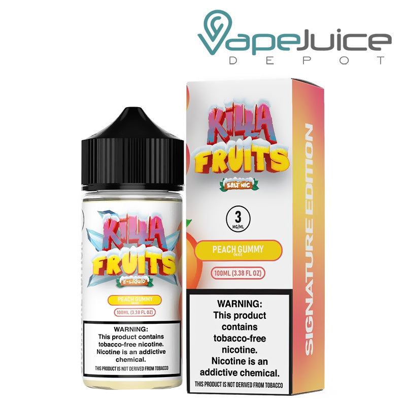  A 100ml bottle of Peach Gummy On Ice Killa Fruits Signature TFN Series and a box with a warning sign next to it - Vape Juice Depot