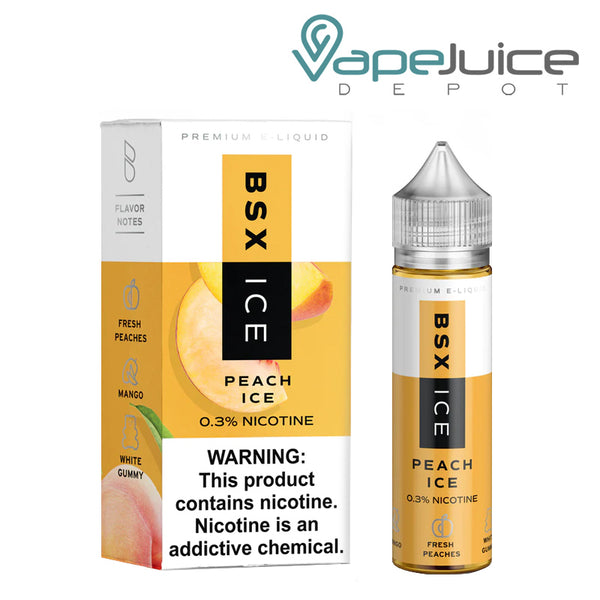 A box of Peach Ice Glas Basix TFN eLiquid with a warning sign and a 60ml bottle next to it - Vape Juice Depot
