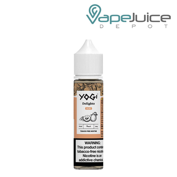 A bottle of Peach Ice YOGI Delights 60ml with a warning sign - Vape Juice Depot