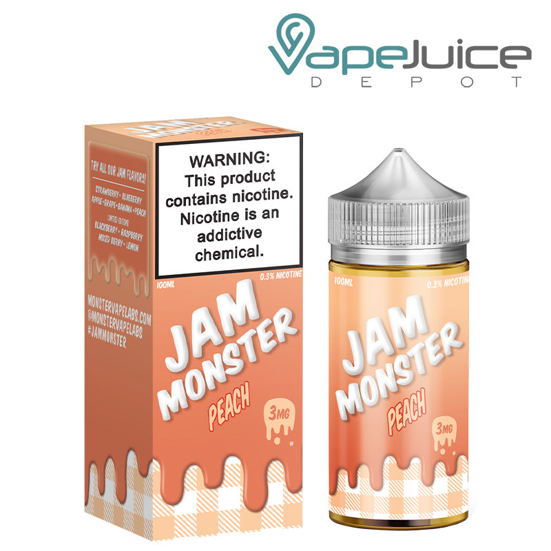 A box of Peach Jam Monster eLiquid with a warning sign and a 100ml bottle next to it - Vape Juice Depot