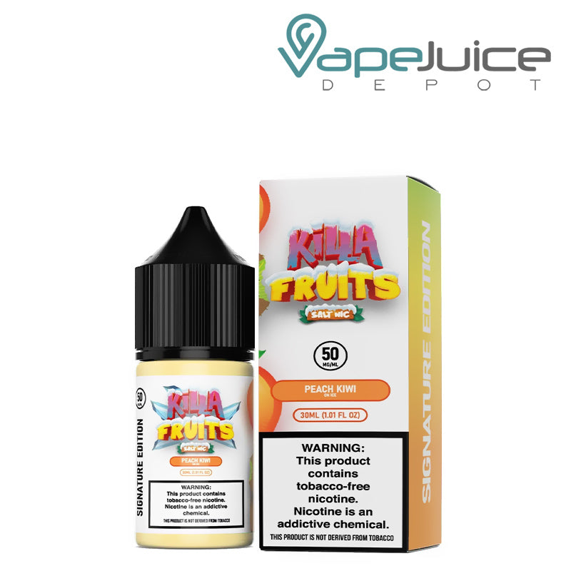 A 30ml bottle of Peach Kiwi On Ice Killa Fruits Signature TFN Salt and a box with a warning sign next to it - Vape Juice Depot