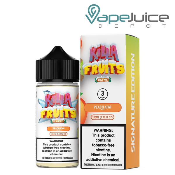 A 100ml bottle of Peach Kiwi On Ice Killa Fruits Signature TFN Series and a box with a warning sign next to it - Vape Juice Depot