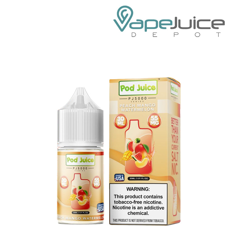 A 30ml bottle of Peach Mango Watermelon Pod Juice PJ5000 TFN Salt and a box with a warning sign next to it - Vape Juice Depot