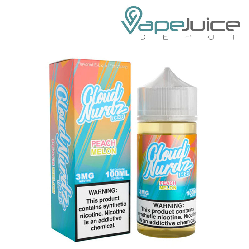 A Box of Peach Melon Ice TFN Cloud Nurdz and a 100ml Bottle next to it - Vape Juice Depot