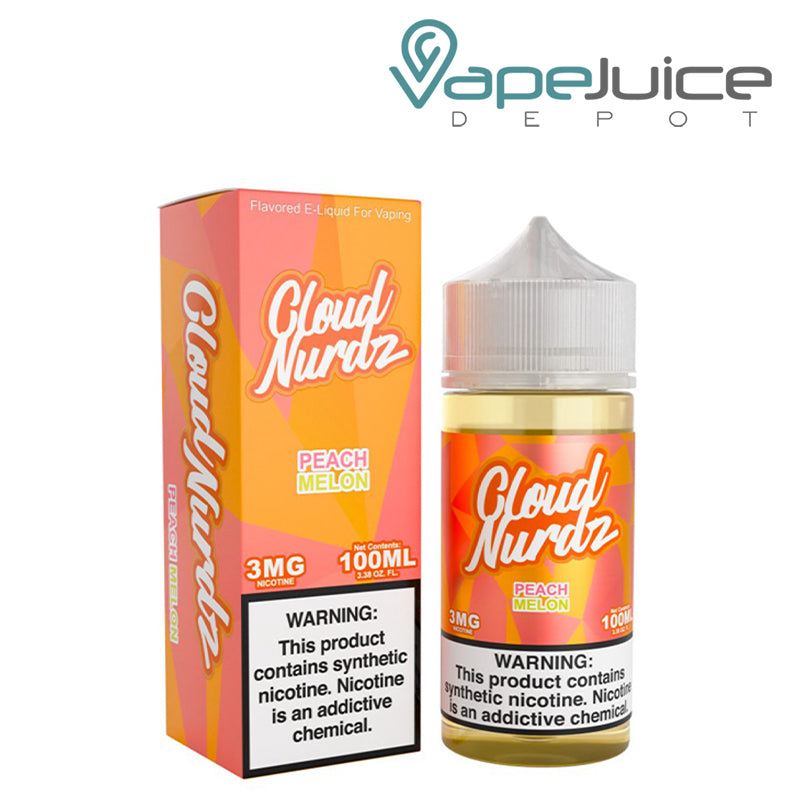 A Box of Peach Melon TFN Cloud Nurdz and a 100ml Bottle next to it - Vape Juice Depot