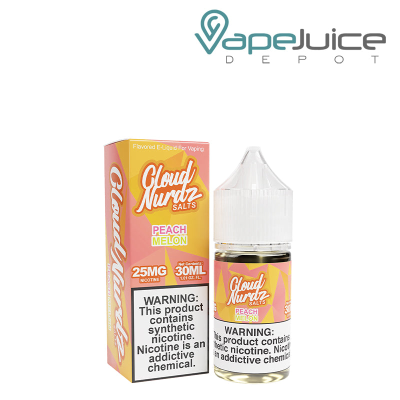 A Box of Peach Melon TFN Salts Cloud Nurdz and a 30ml bottle next to it - Vape Juice Depot