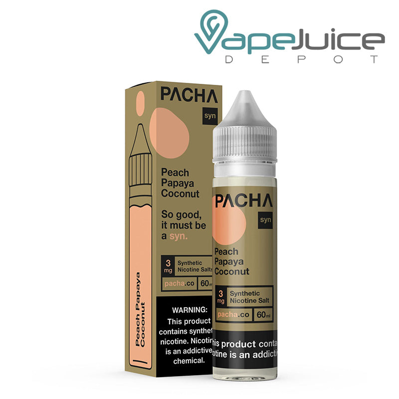 A box of Peach Papaya Coconut Cream PachaMama with a warning sign and a 60ml bottle next to it - Vape Juice Depot