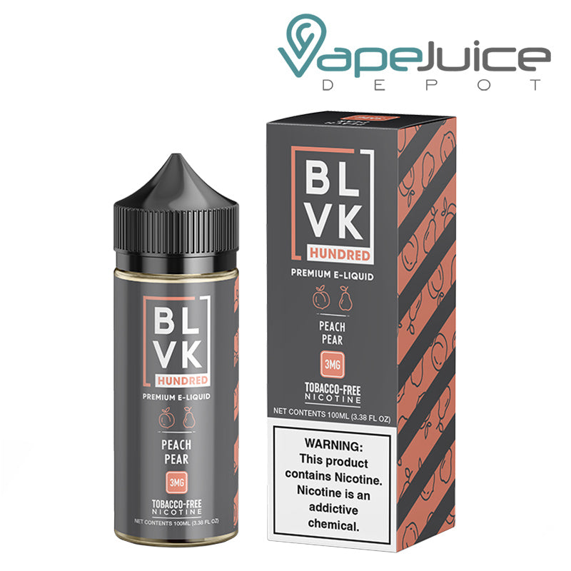 A 100ml Bottle of Pech Pear BLVK Hundred TFN eLiquid and a box with a warning sign next to it - Vape Juice Depot