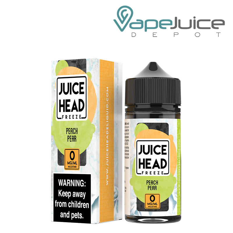 A box of 0mg Peach Pear Juice Head Freeze with a warning sign and a 100ml bottle next to it - Vape Juice Depot