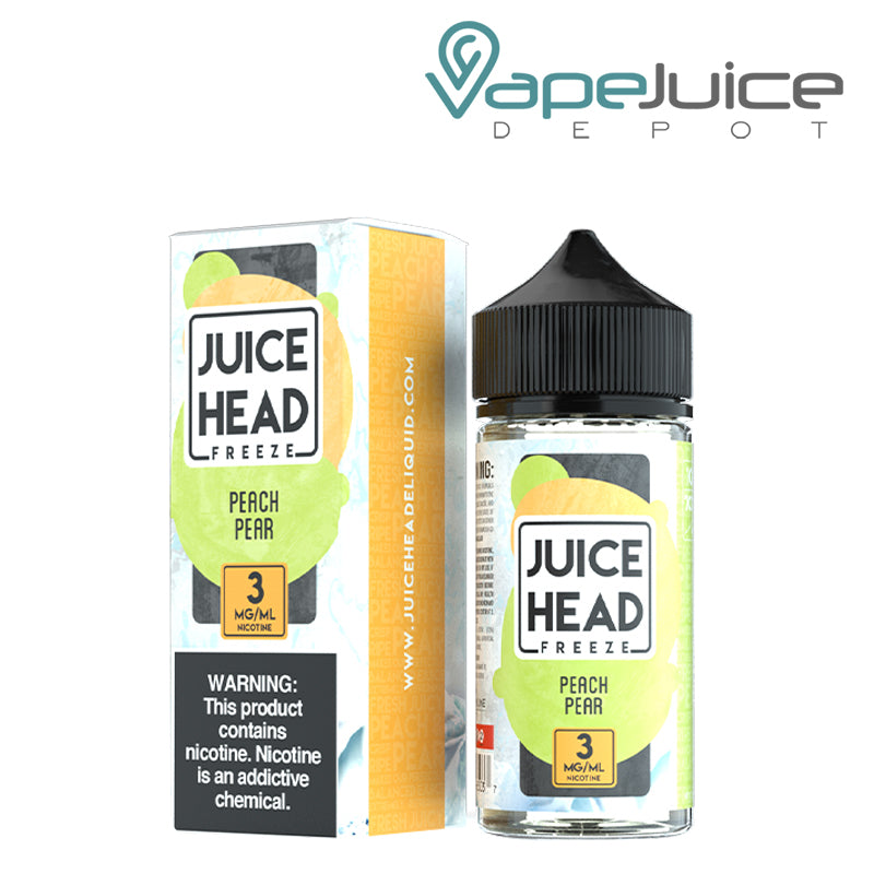 A box of 3mg Peach Pear Juice Head Freeze with a warning sign and a 100ml bottle next to it - Vape Juice Depot