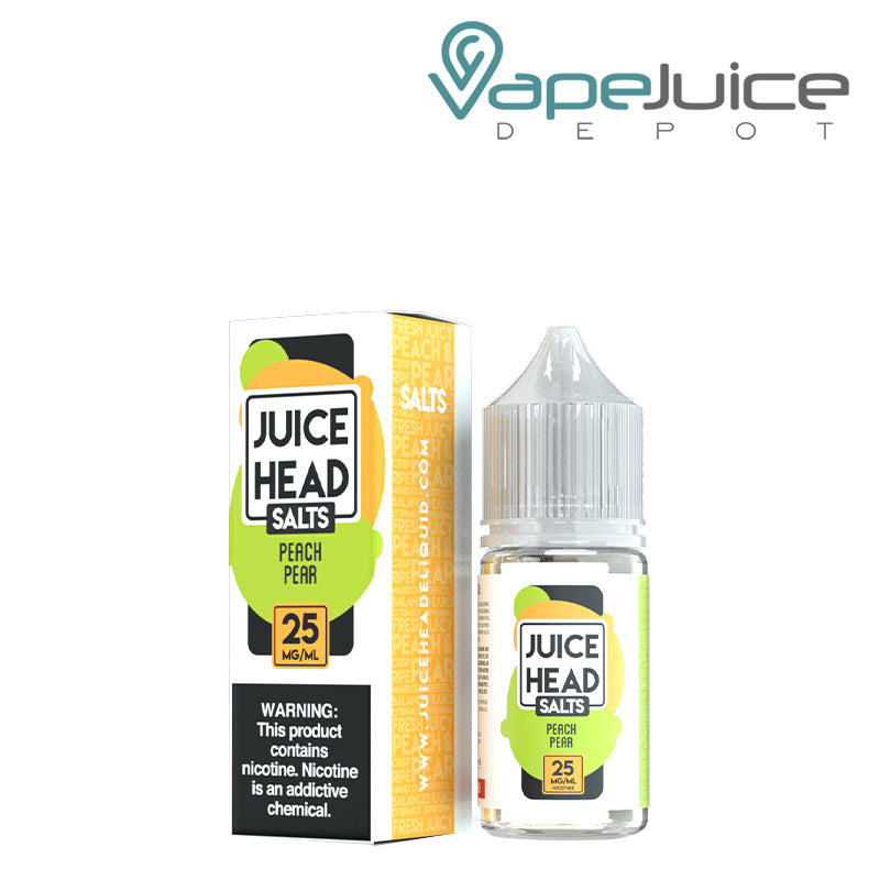 A Box of 25mg Peach Pear Salts Juice Head and a 30ml bottle next to it - Vape Juice Depot