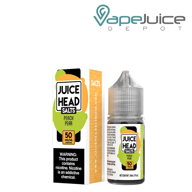 A Box of 50mg Peach Pear Salts Juice Head and a 30ml bottle next to it - Vape Juice Depot